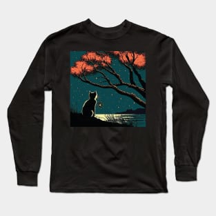 Black Cat Sitting by a Lake on a Starry Night Long Sleeve T-Shirt